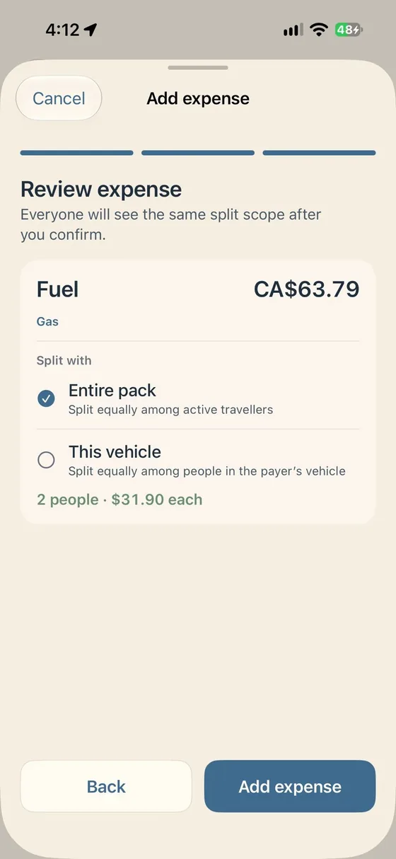 Roadpack expense review screen for checking how a shared trip cost is split