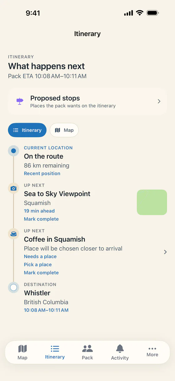 Roadpack shared itinerary showing the next stops and Whistler destination