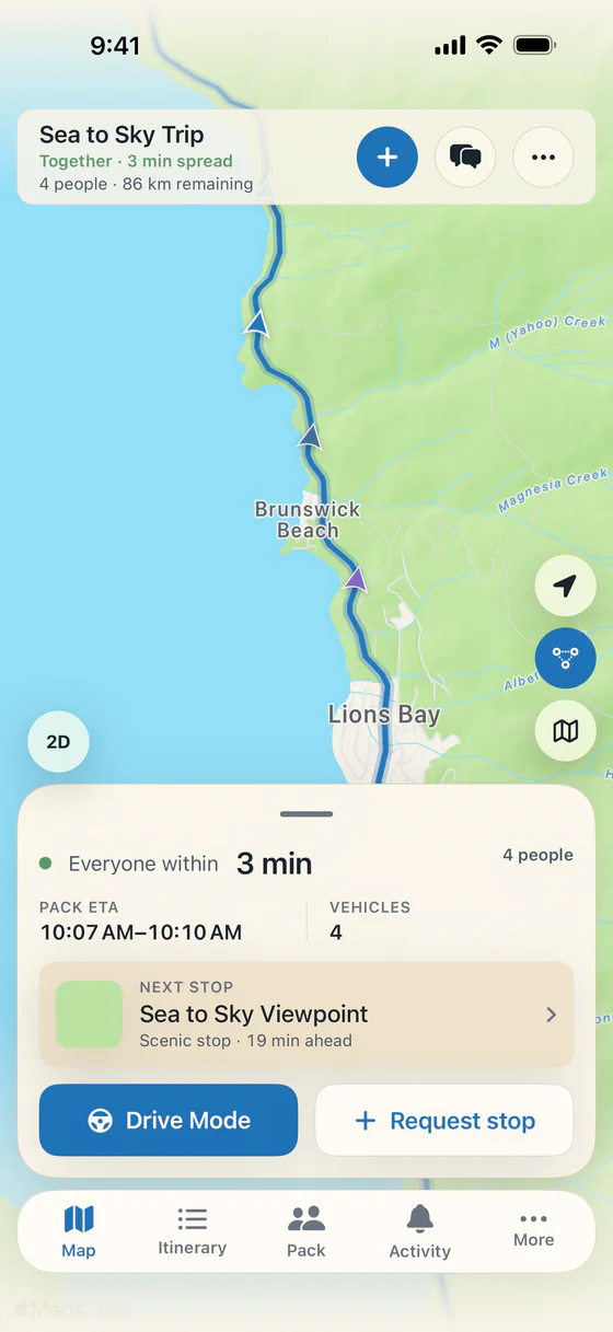 Roadpack convoy map with four vehicles on the shared route